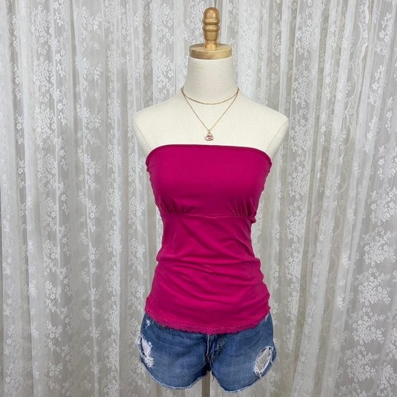 Y2K Derek Heart Fuscia Pink Milkmaid Strapless Tube Top‎ Women's Medium Stretch - Picture 1 of 7